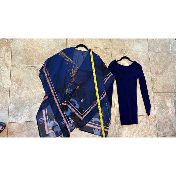Derek Heart Long Tunic Dark Blue Sweater & Sheer Shawl ~ Size Small/ Medium - Picture 1 of 8
